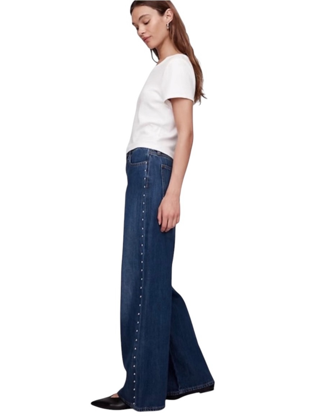 Nwot GAP Dark Blue high waist Wide-Leg Jeans with Side Stud Trim sz 14/32 waist